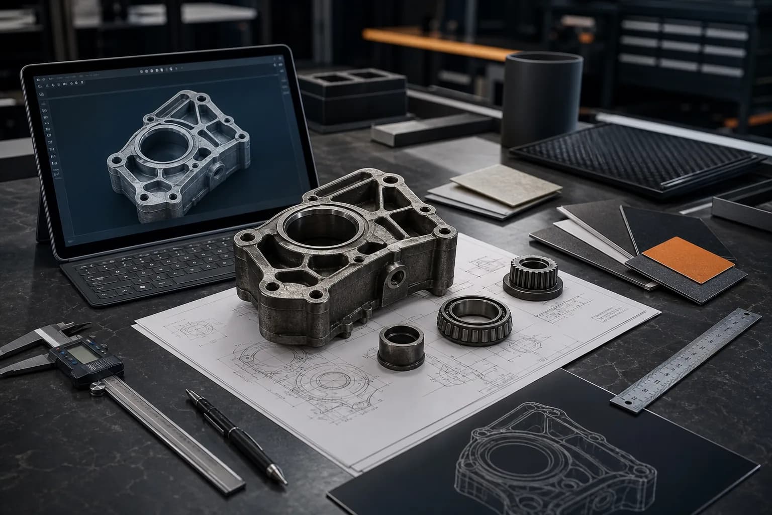 Engineering bench with part, drawings, CAD model, calipers, and material samples