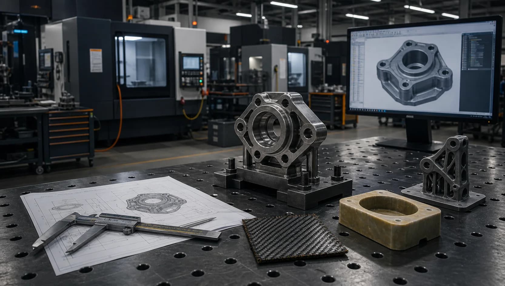 Factory shop-floor intake desk with machined part, drawings, calipers, CAD monitor, composite sample, casting mold, and prototype